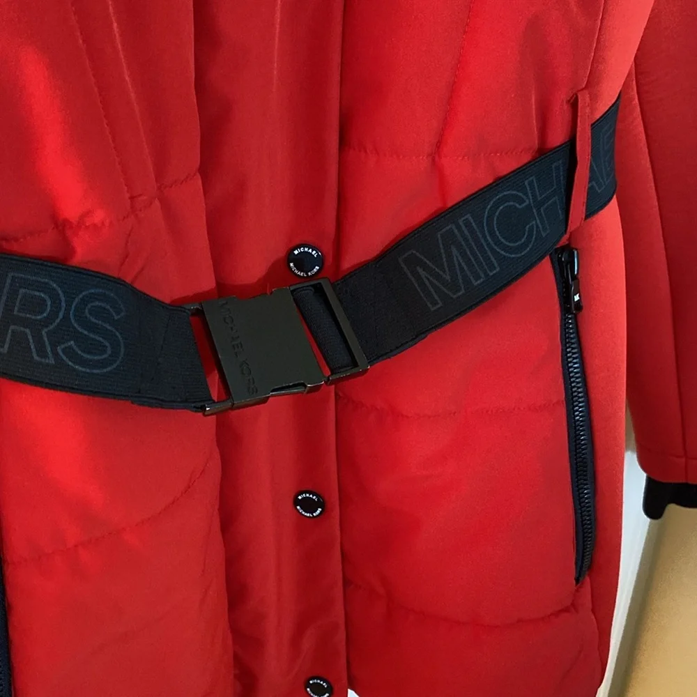 🔥 Michael Kors XL Red 🔥 Belted Winter Coat Jacket Hood - Picture 4 of 16
